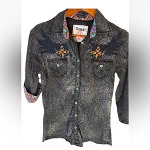 Roar Western Button Down Women's Distressed  Embellished Studded Rodeo Medium